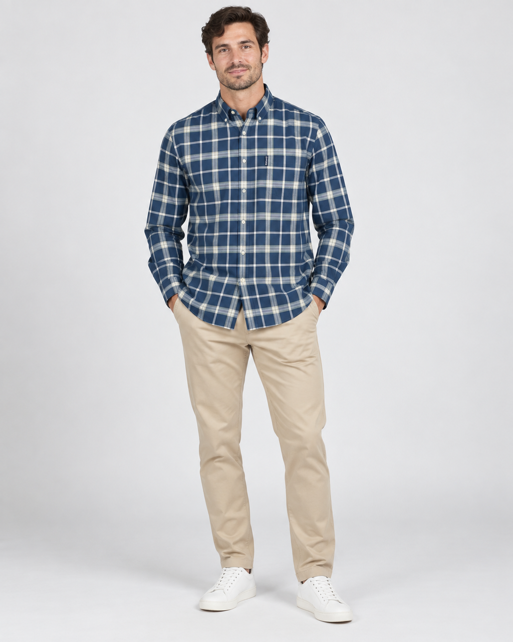 Men’s Navy Blue & White Checked Button-Down Shirt