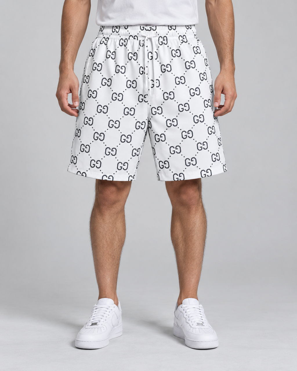 Men’s White Monogram Print Drawstring Shorts