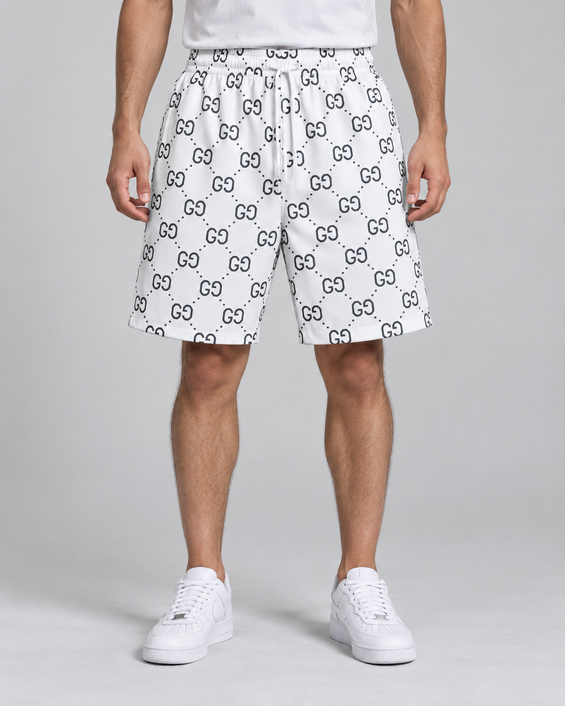Men’s White Monogram Print Drawstring Shorts