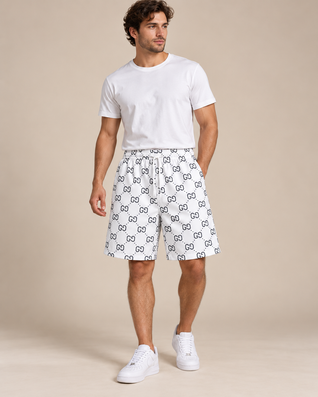 Men’s White Monogram Print Drawstring Shorts