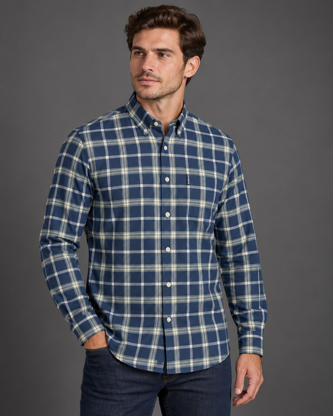 Men’s Navy Blue & White Checked Button-Down Shirt