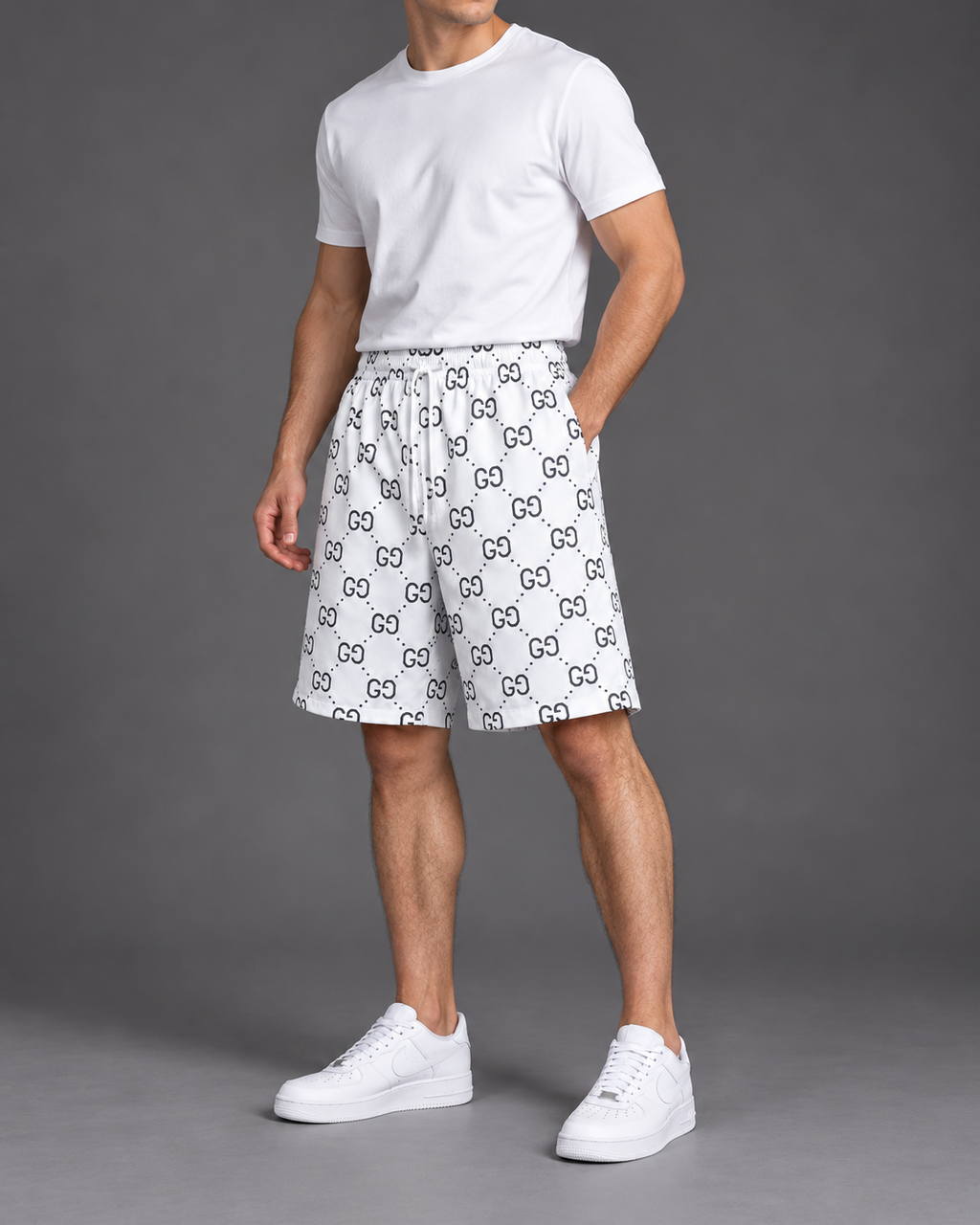 Men’s White Monogram Print Drawstring Shorts