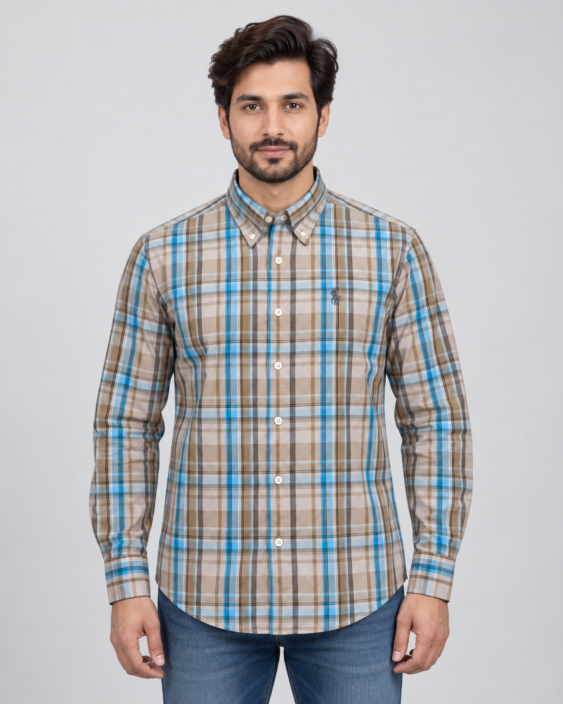 Men’s Beige & Blue Checked Button-Down Shirt