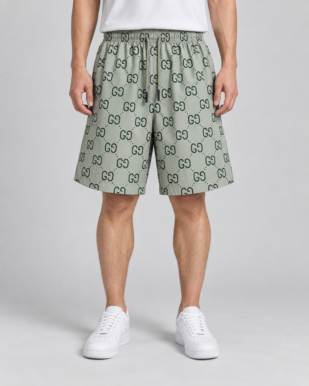 Men’s Sage Green Monogram Print Drawstring Shorts