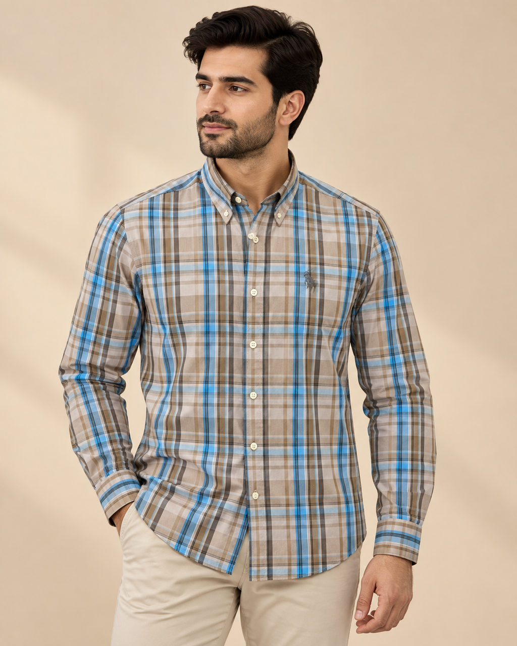 Men’s Beige & Blue Checked Button-Down Shirt