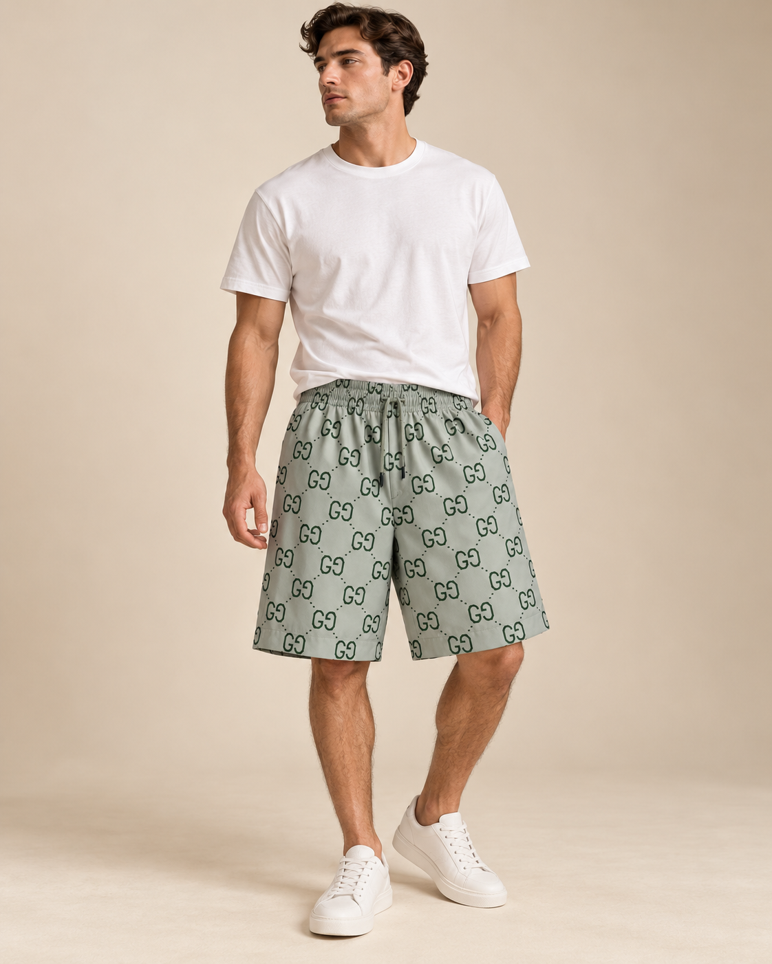 Men’s Sage Green Monogram Print Drawstring Shorts