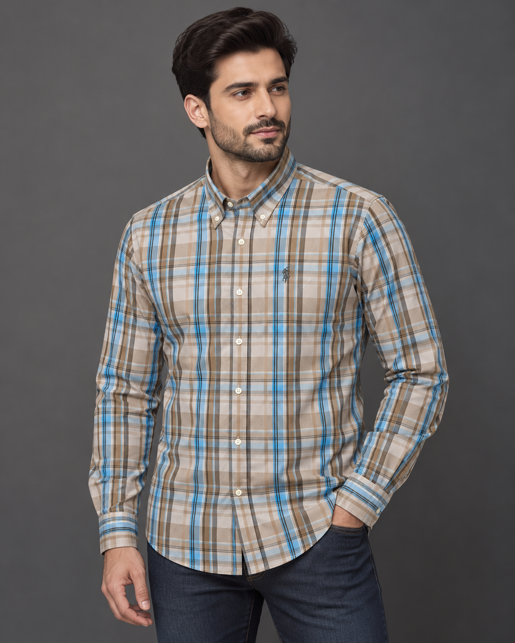 Men’s Beige & Blue Checked Button-Down Shirt