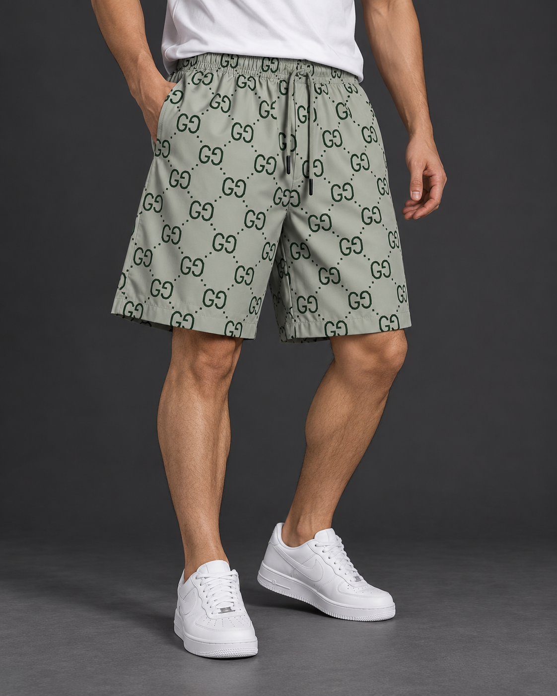 Men’s Sage Green Monogram Print Drawstring Shorts