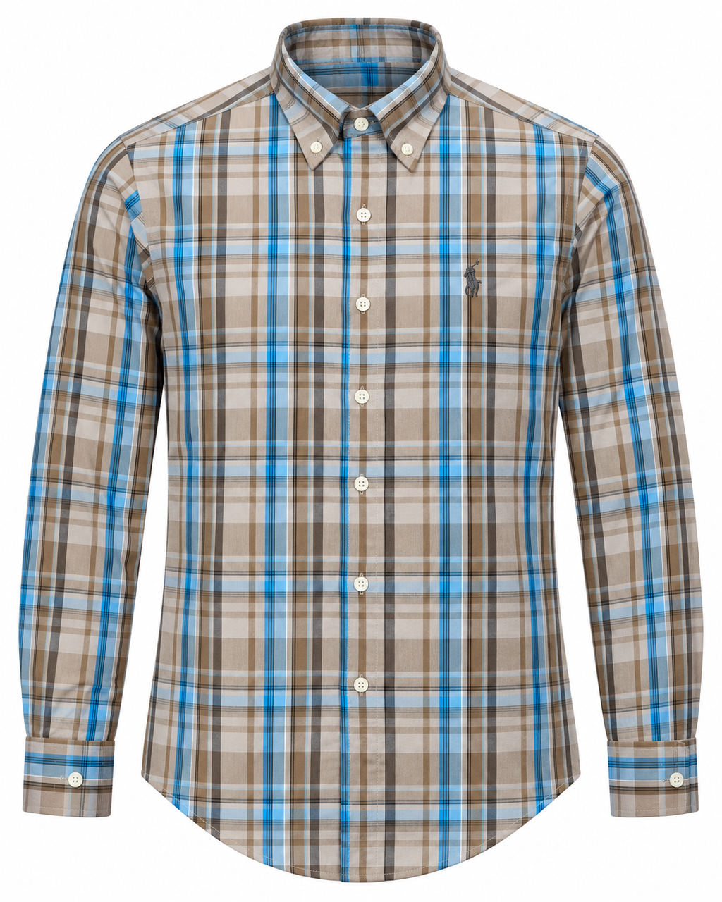 Men’s Beige & Blue Checked Button-Down Shirt