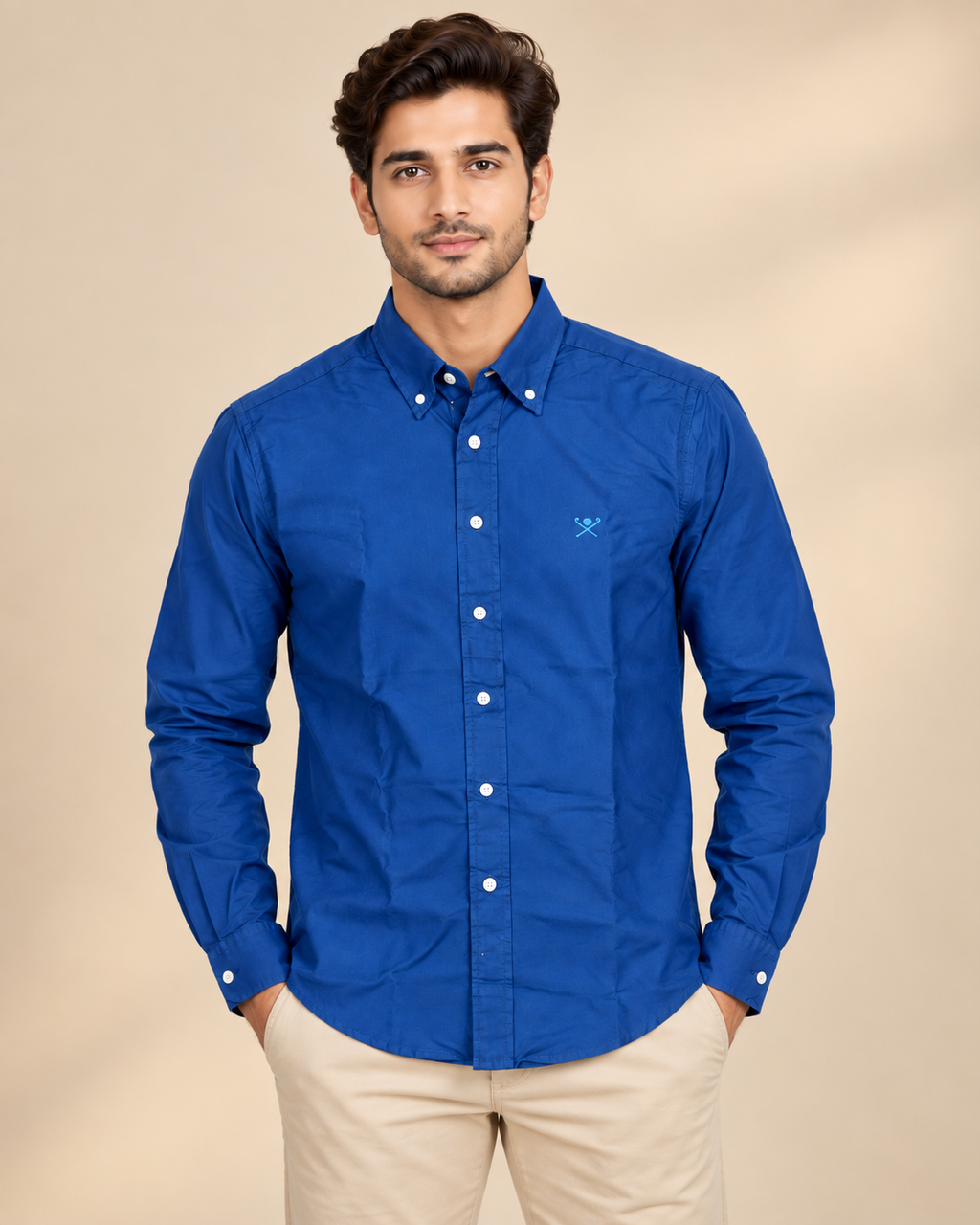 Men’s Royal Blue Long-Sleeve Button-Down Shirt with Embroidered Logo