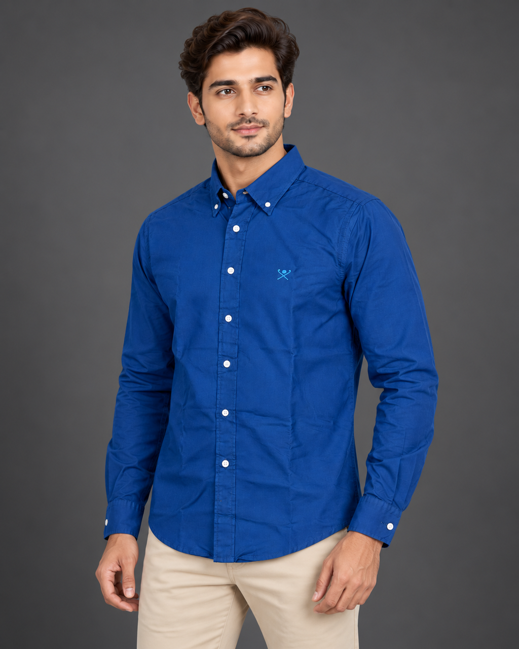 Men’s Royal Blue Long-Sleeve Button-Down Shirt with Embroidered Logo