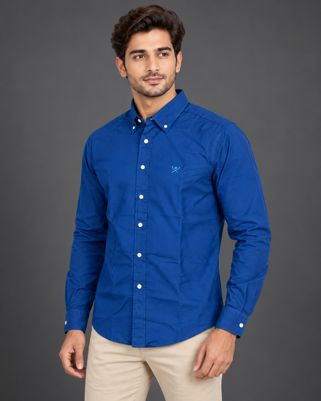 Men’s Royal Blue Long-Sleeve Button-Down Shirt with Embroidered Logo