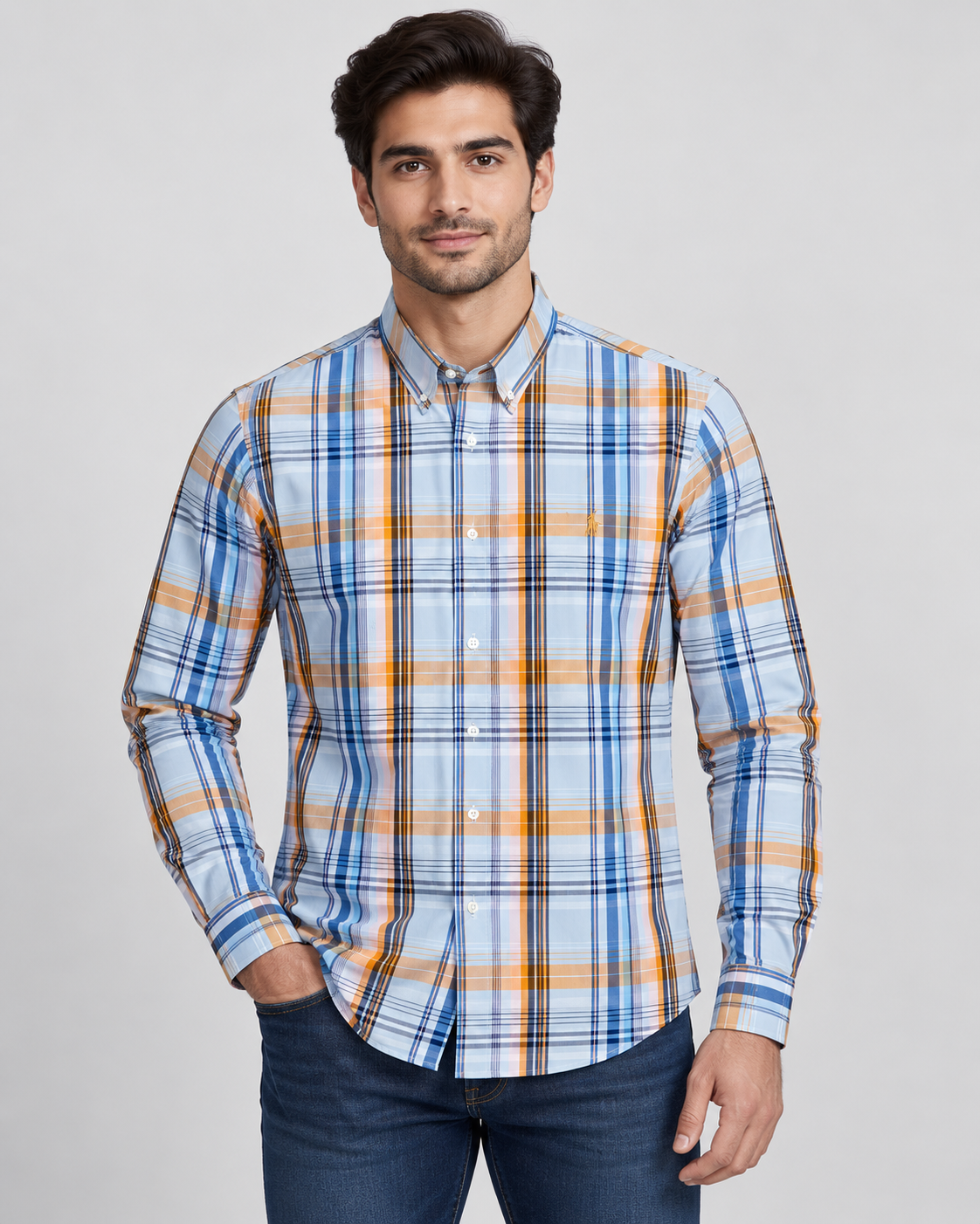 Men’s Light Blue, Orange & White Checked Button-Down Shirt