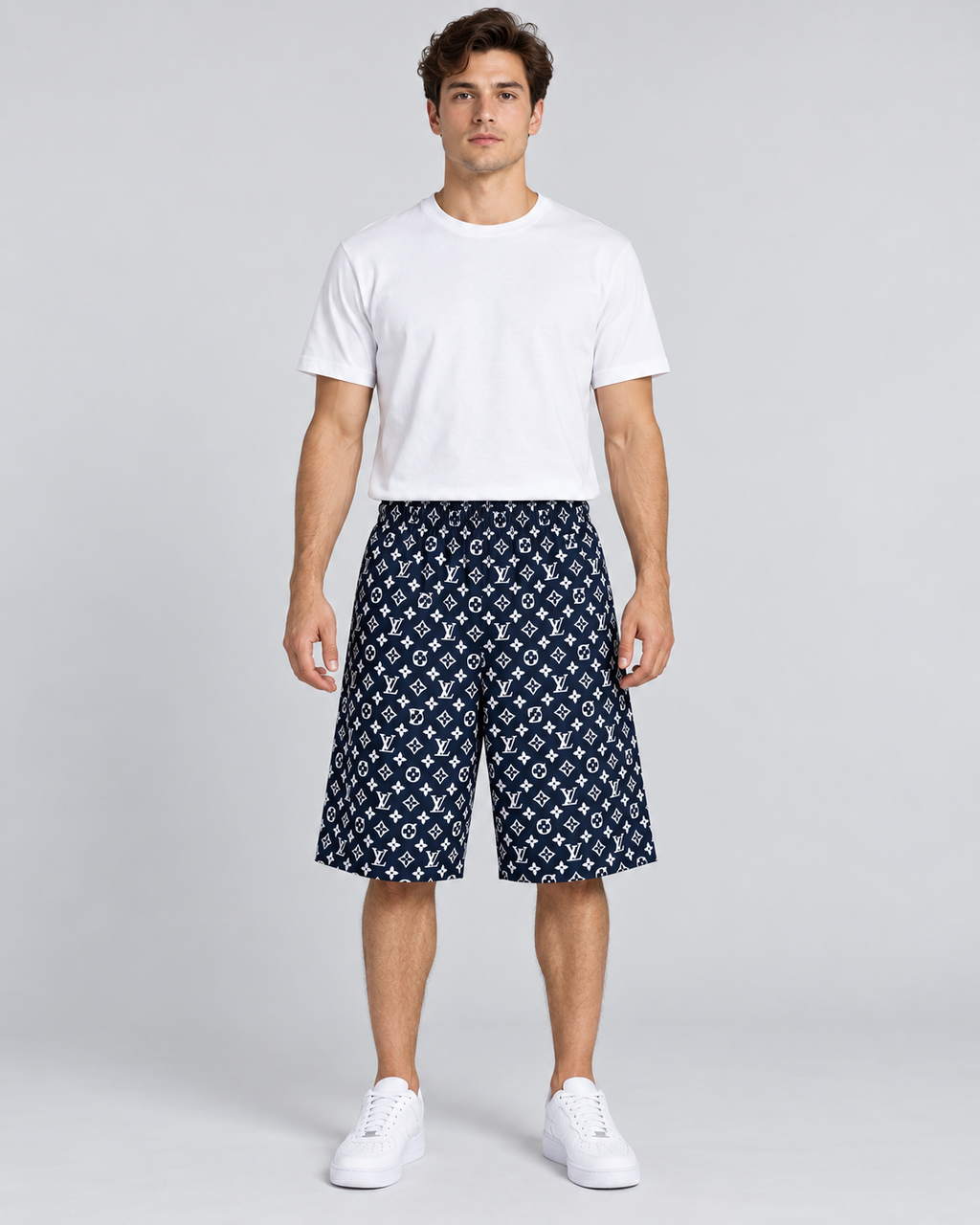 Men’s Navy Allover Monogram Print Shorts