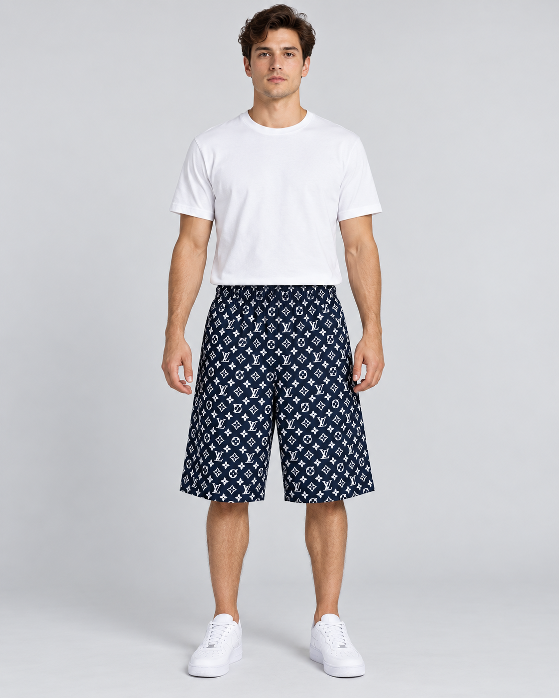 Men’s Navy Allover Monogram Print Shorts