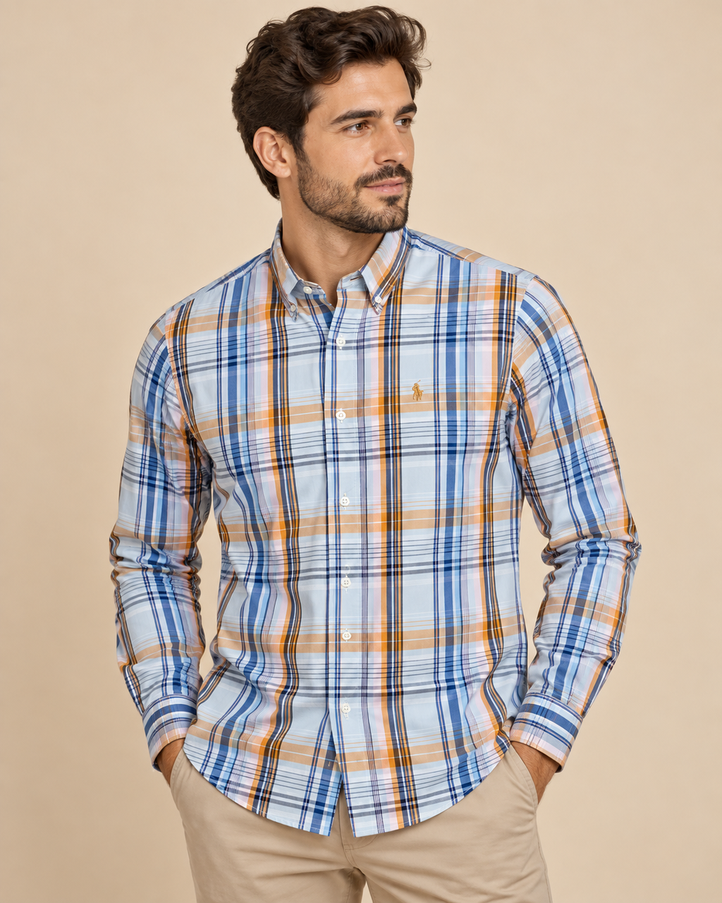 Men’s Light Blue, Orange & White Checked Button-Down Shirt