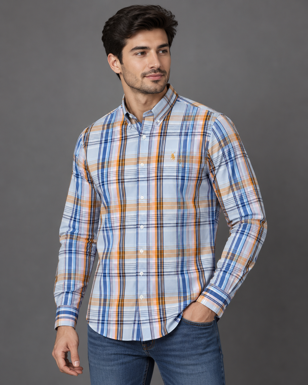 Men’s Light Blue, Orange & White Checked Button-Down Shirt
