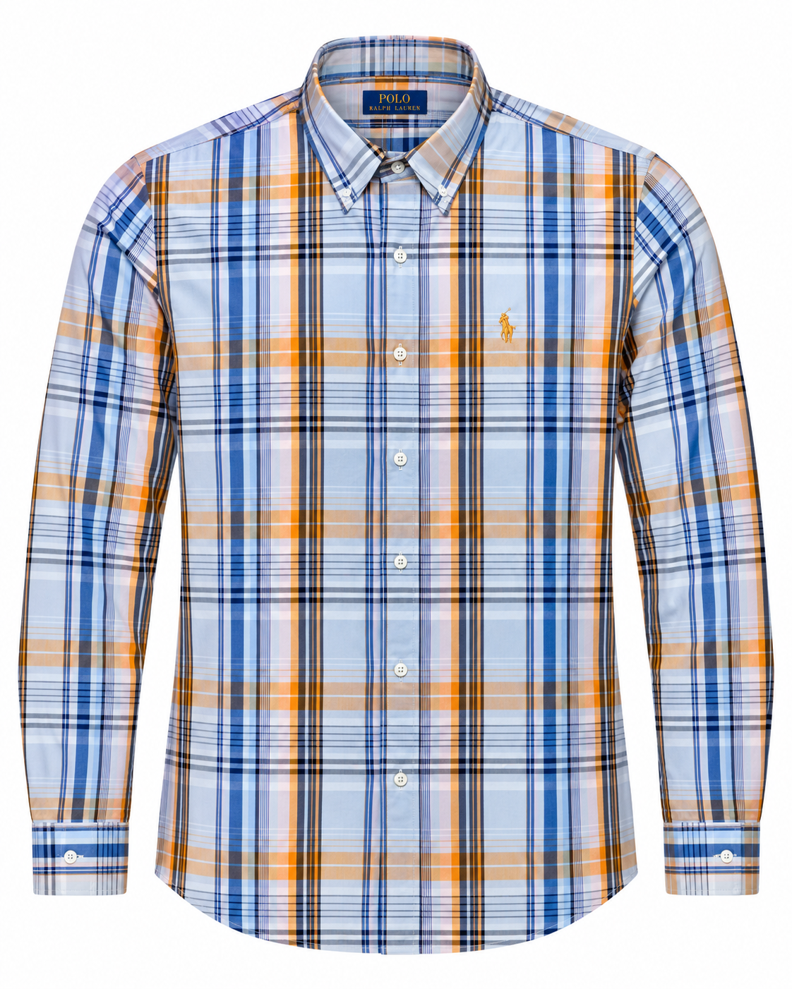 Men’s Light Blue, Orange & White Checked Button-Down Shirt