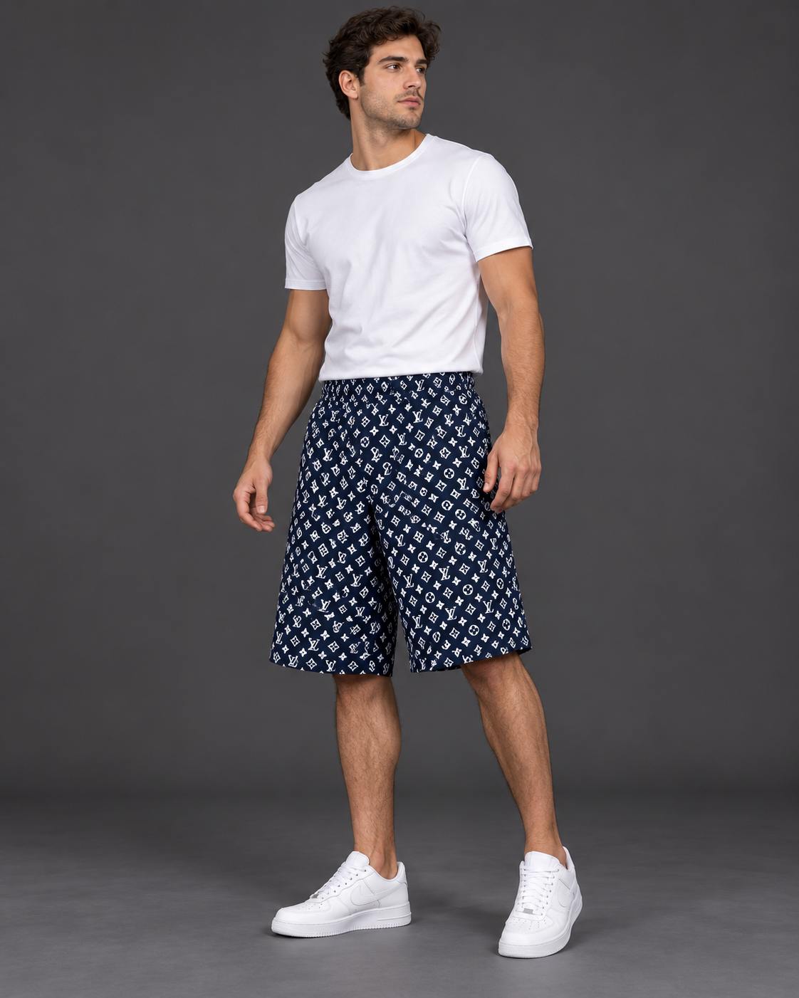 Men’s Navy Allover Monogram Print Shorts