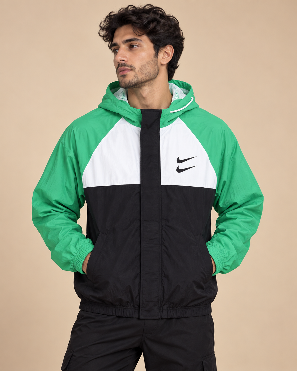 Premium Surplus Green, White & Black Color-Block Hooded Windbreaker Jacket