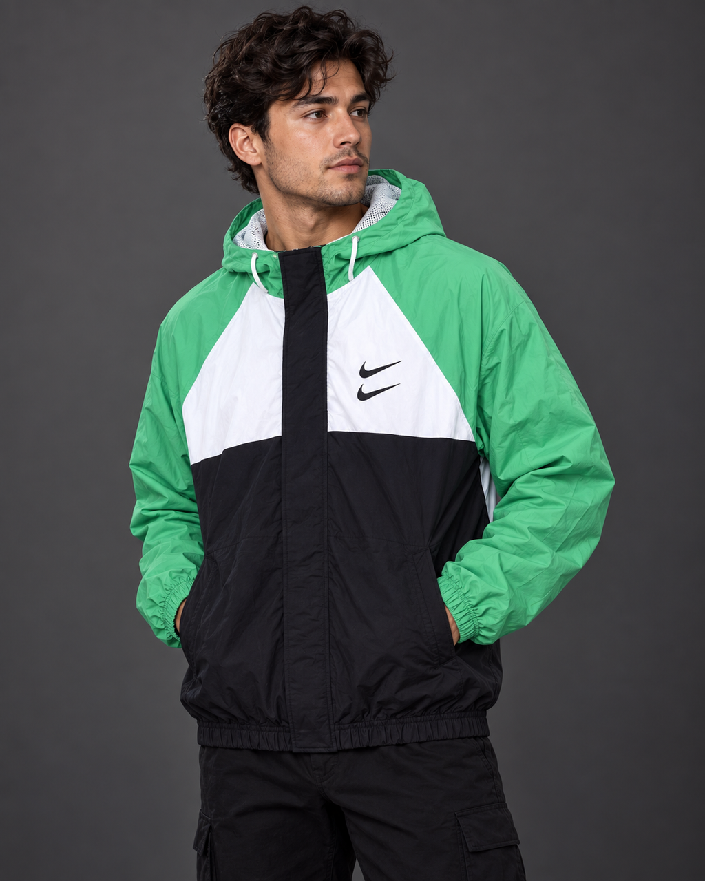 Premium Surplus Green, White & Black Color-Block Hooded Windbreaker Jacket