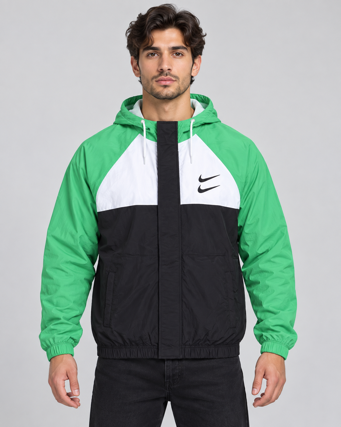 Premium Surplus Green, White & Black Color-Block Hooded Windbreaker Jacket