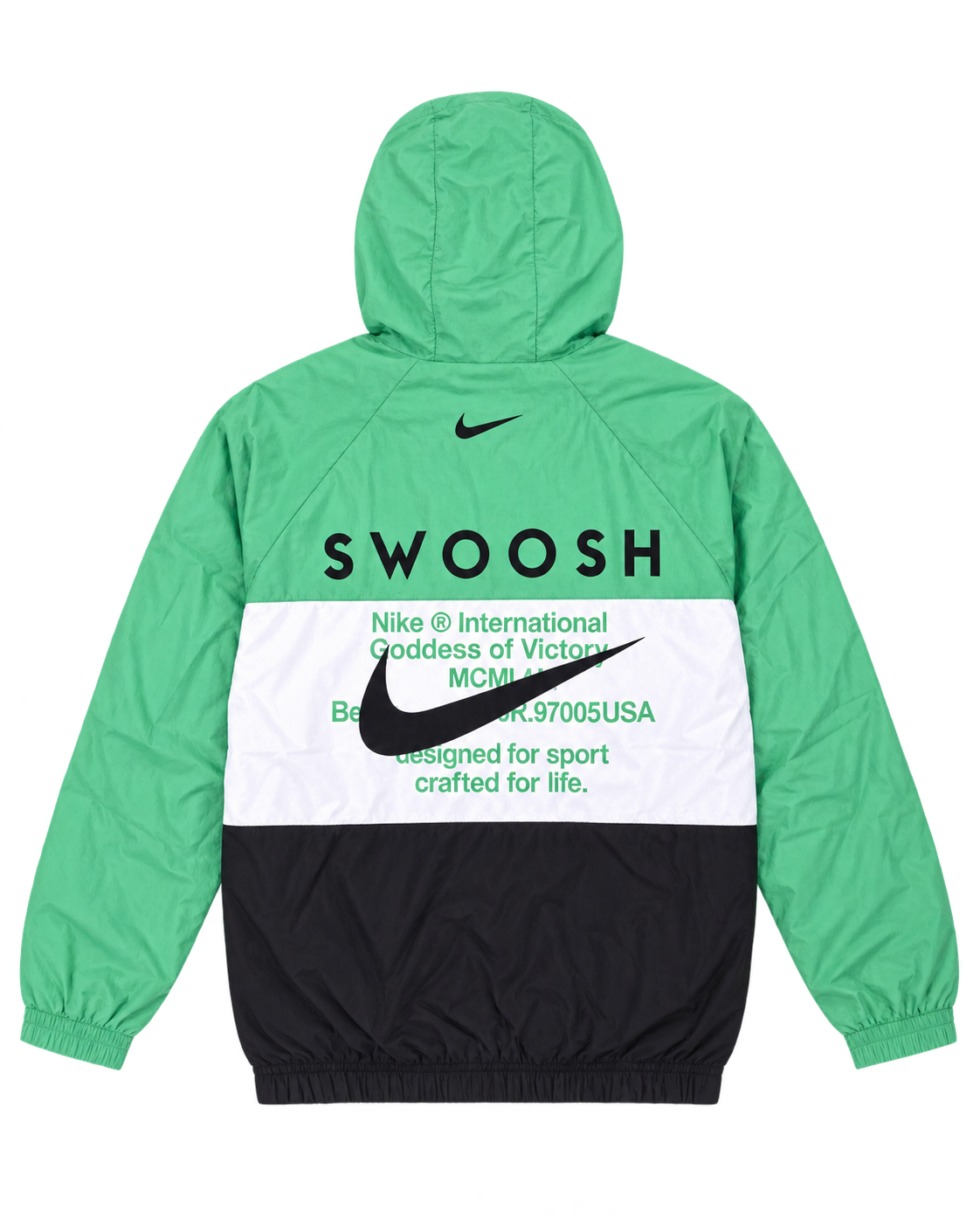 Premium Surplus Green, White & Black Color-Block Hooded Windbreaker Jacket