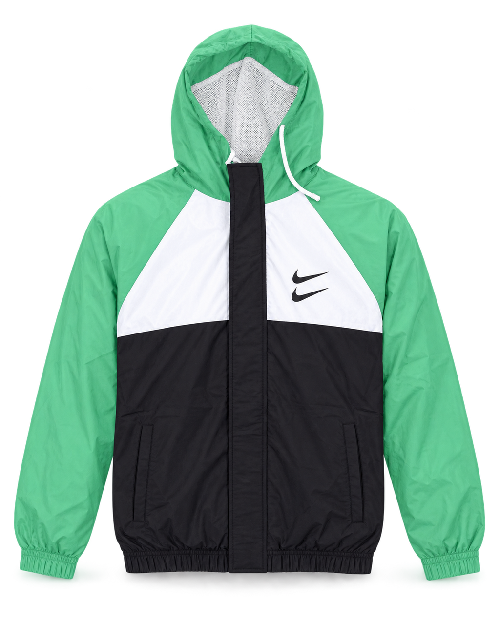 Premium Surplus Green, White & Black Color-Block Hooded Windbreaker Jacket
