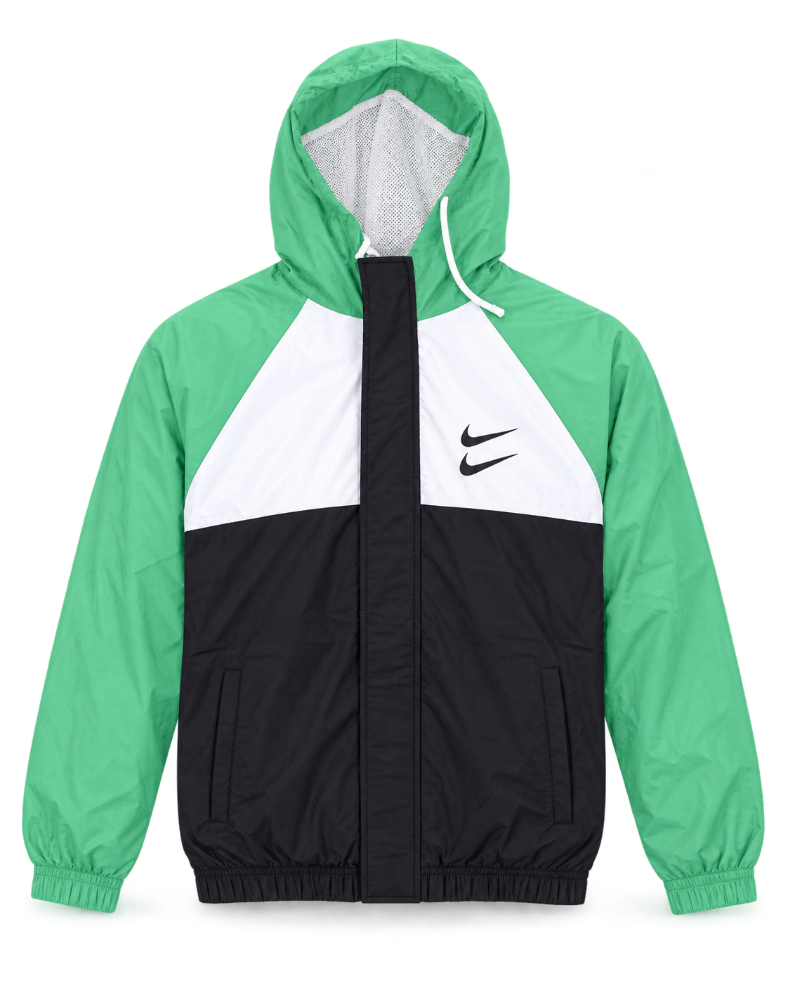 Premium Surplus Green, White & Black Color-Block Hooded Windbreaker Jacket