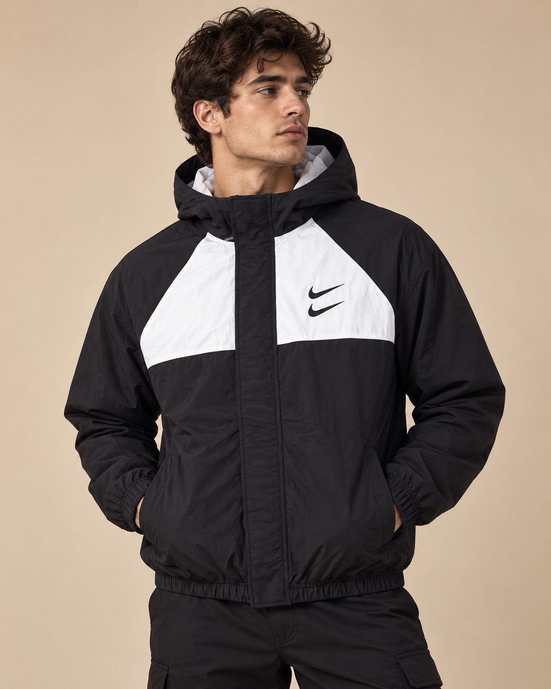 Premium Surplus Black & White Color-Block Hooded Windbreaker Jacket