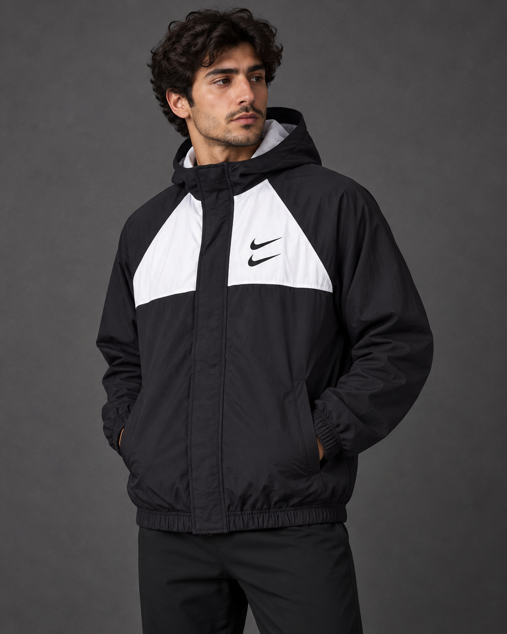 Premium Surplus Black & White Color-Block Hooded Windbreaker Jacket