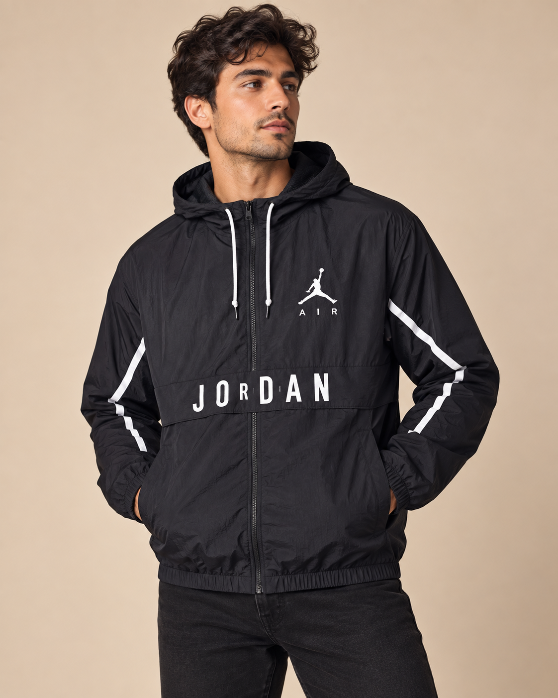 Premium Surplus Black Hooded Windbreaker Jacket