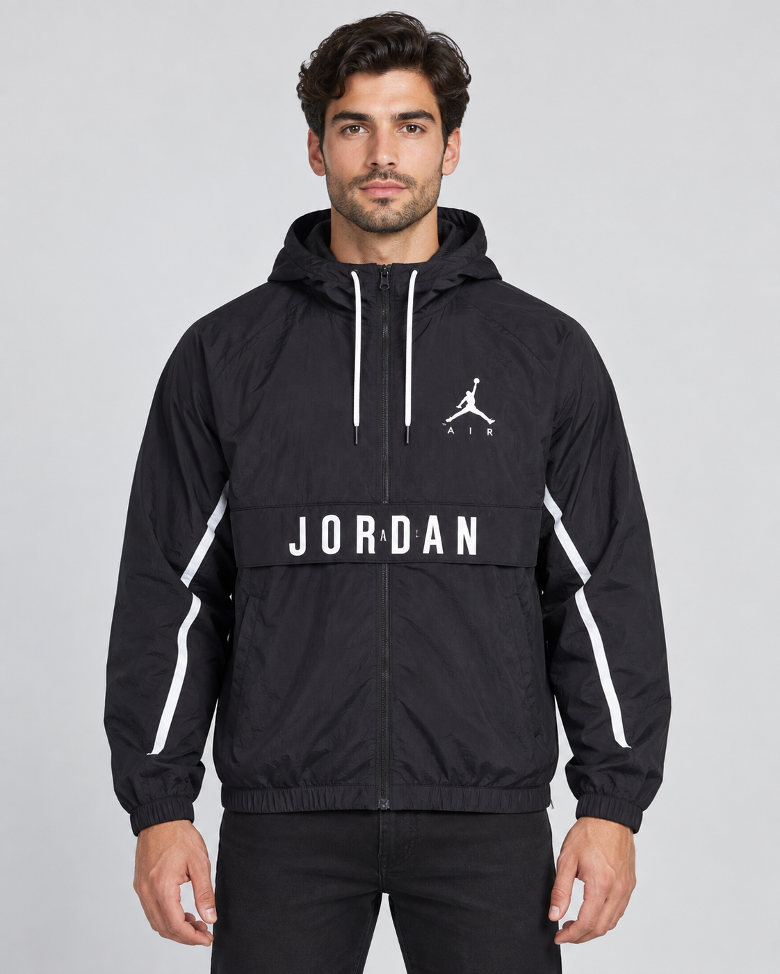 Premium Surplus Black Hooded Windbreaker Jacket