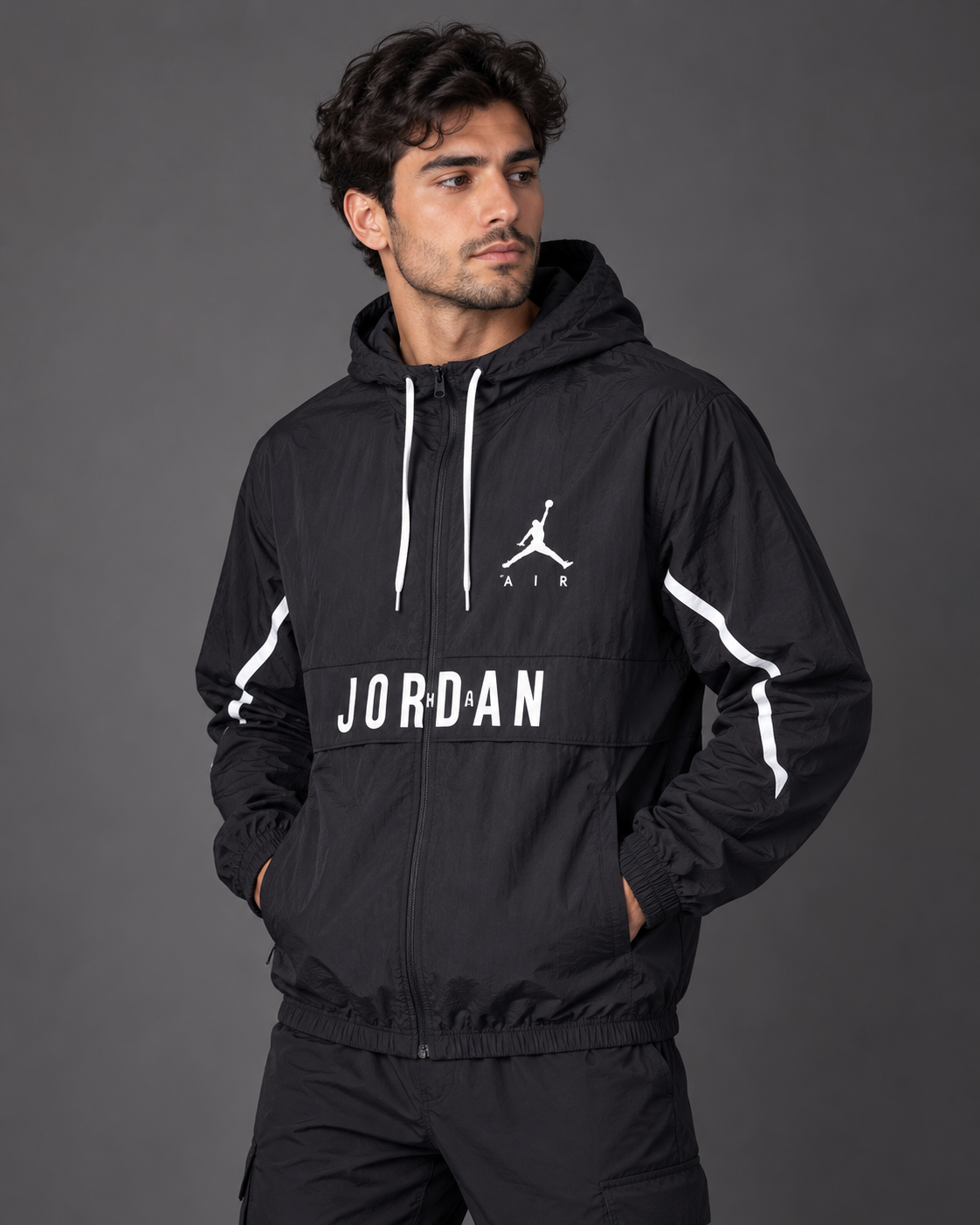 Premium Surplus Black Hooded Windbreaker Jacket