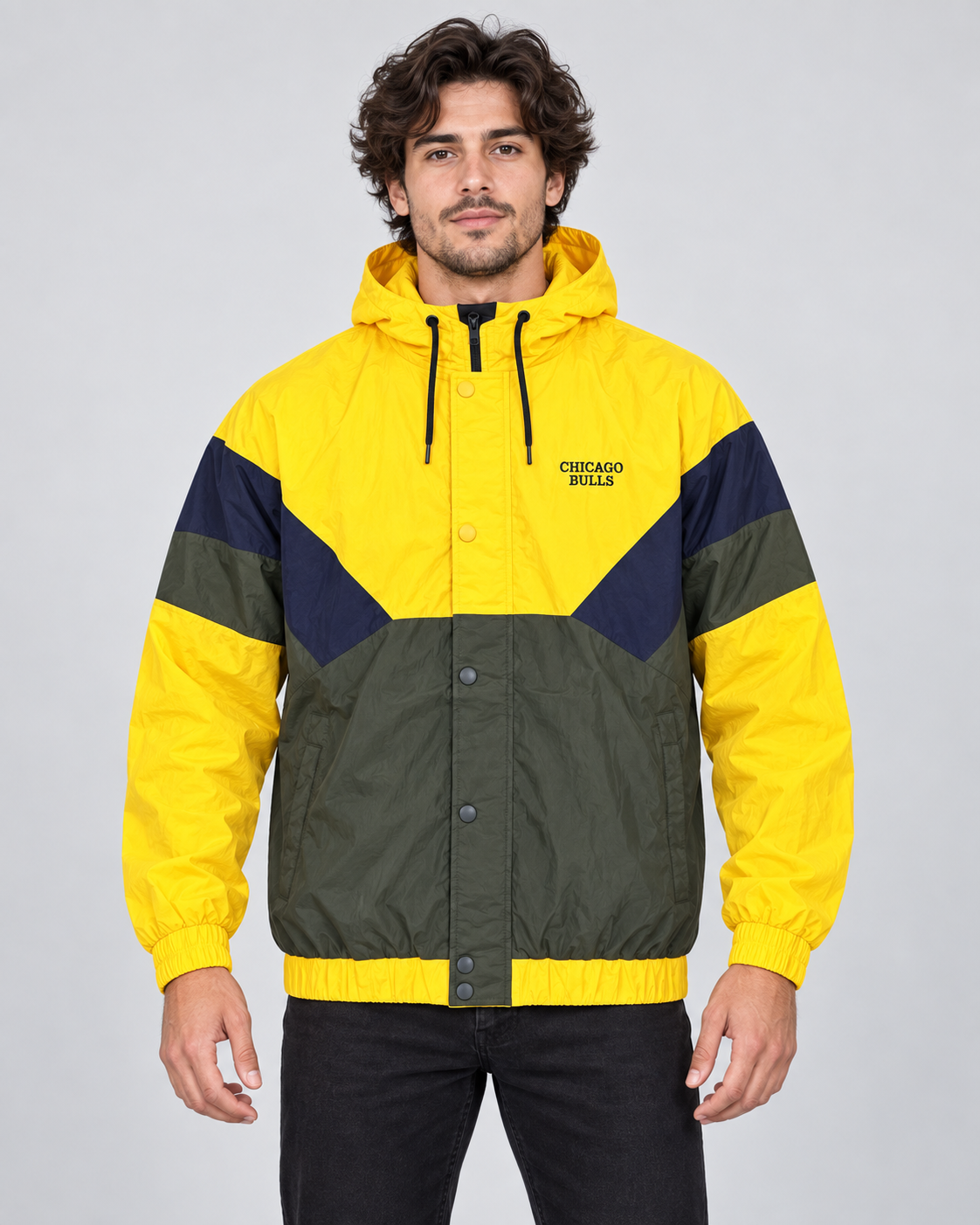 Premium Surplus Yellow Color-Block Hooded Windbreaker Jacket