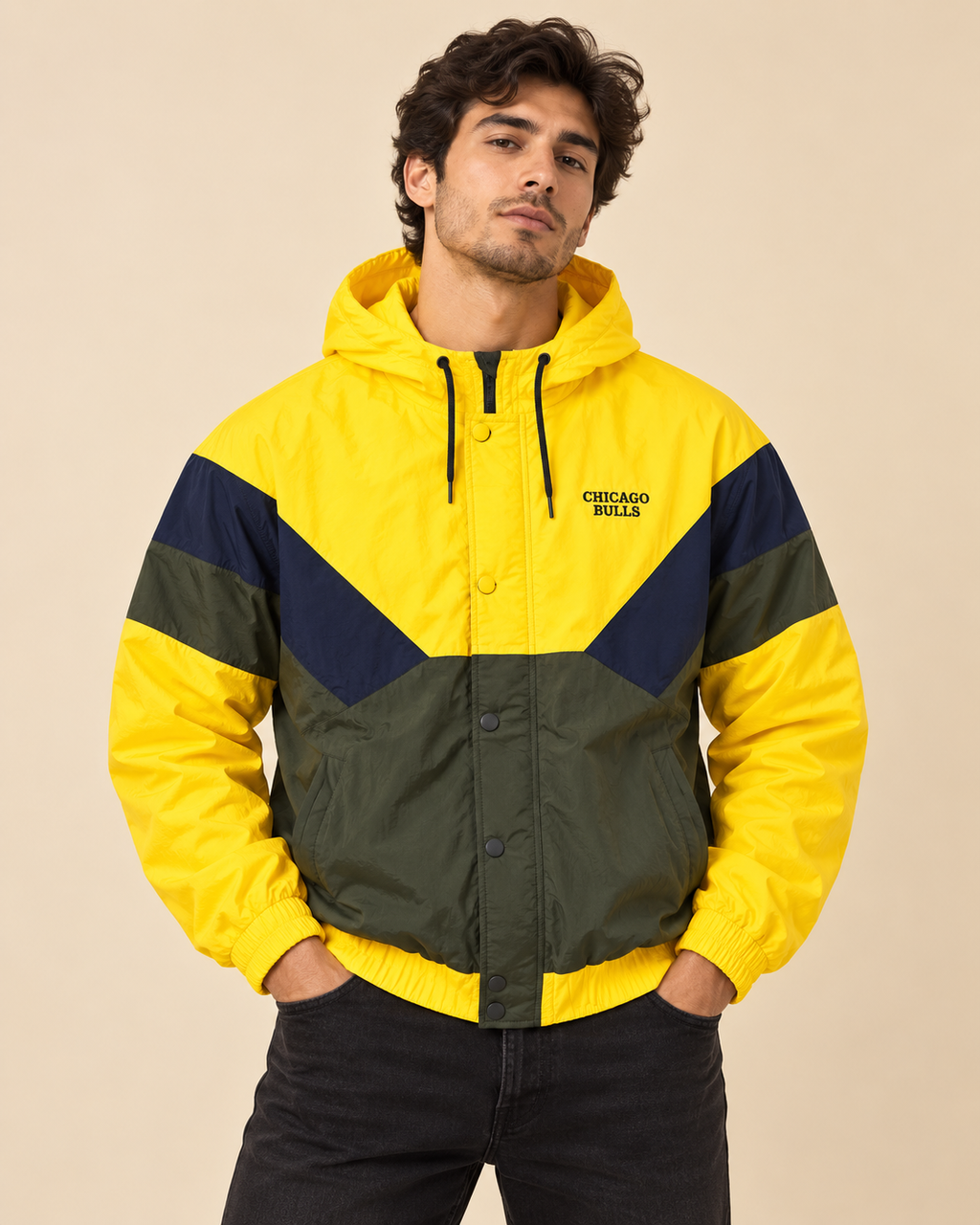 Premium Surplus Yellow Color-Block Hooded Windbreaker Jacket