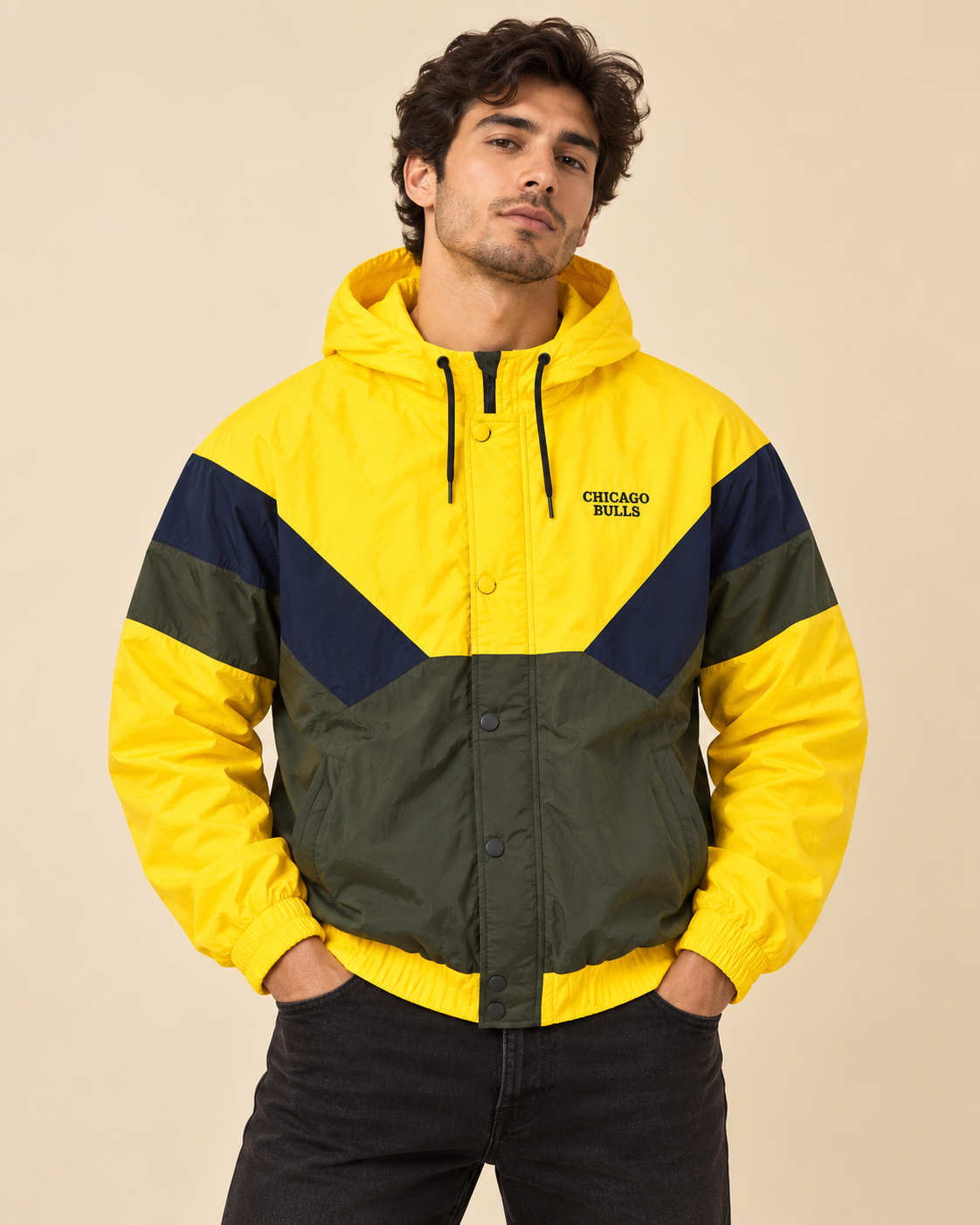 Premium Surplus Yellow Color-Block Hooded Windbreaker Jacket