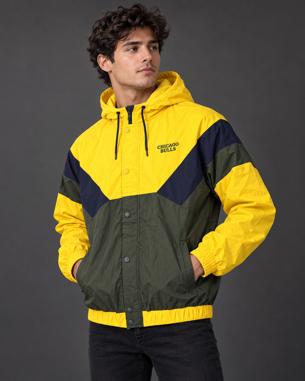 Premium Surplus Yellow Color-Block Hooded Windbreaker Jacket