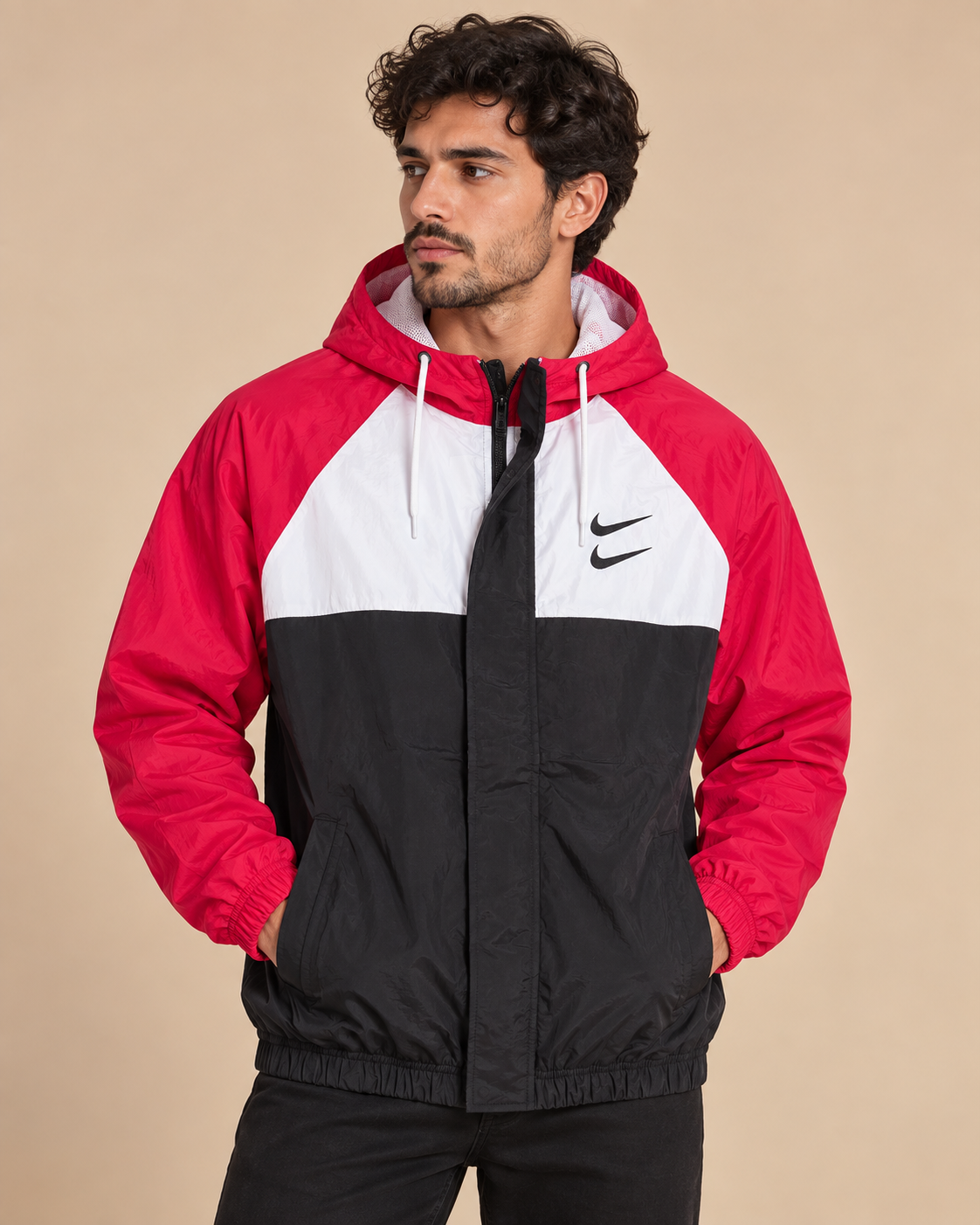 Premium Surplus Red, White & Black Color-Block Hooded Windbreaker Jacket