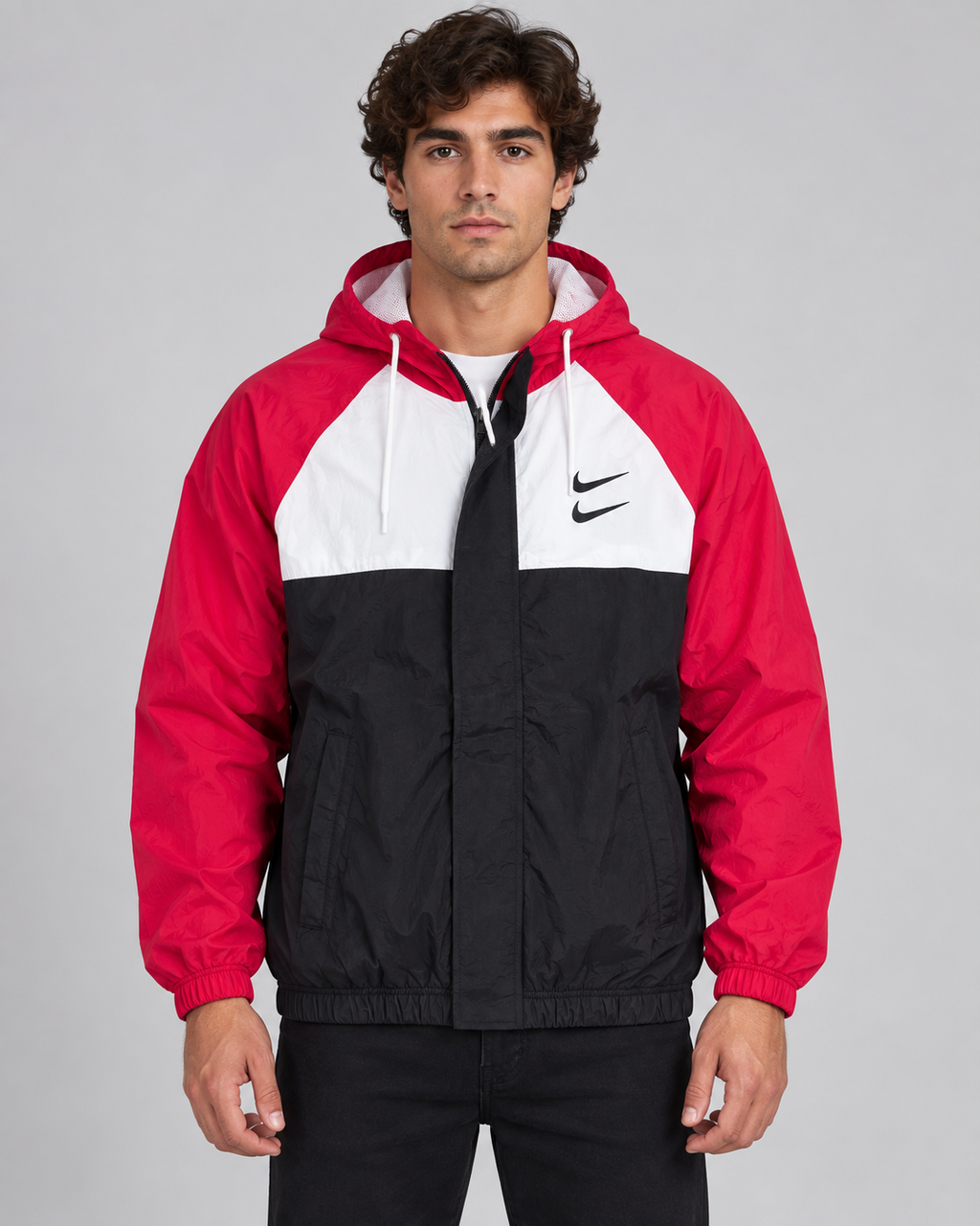 Premium Surplus Red, White & Black Color-Block Hooded Windbreaker Jacket