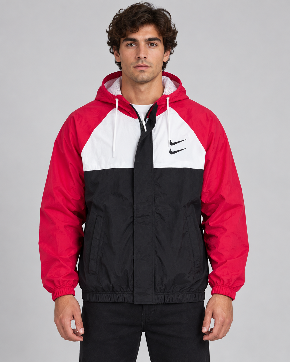 Premium Surplus Red, White & Black Color-Block Hooded Windbreaker Jacket
