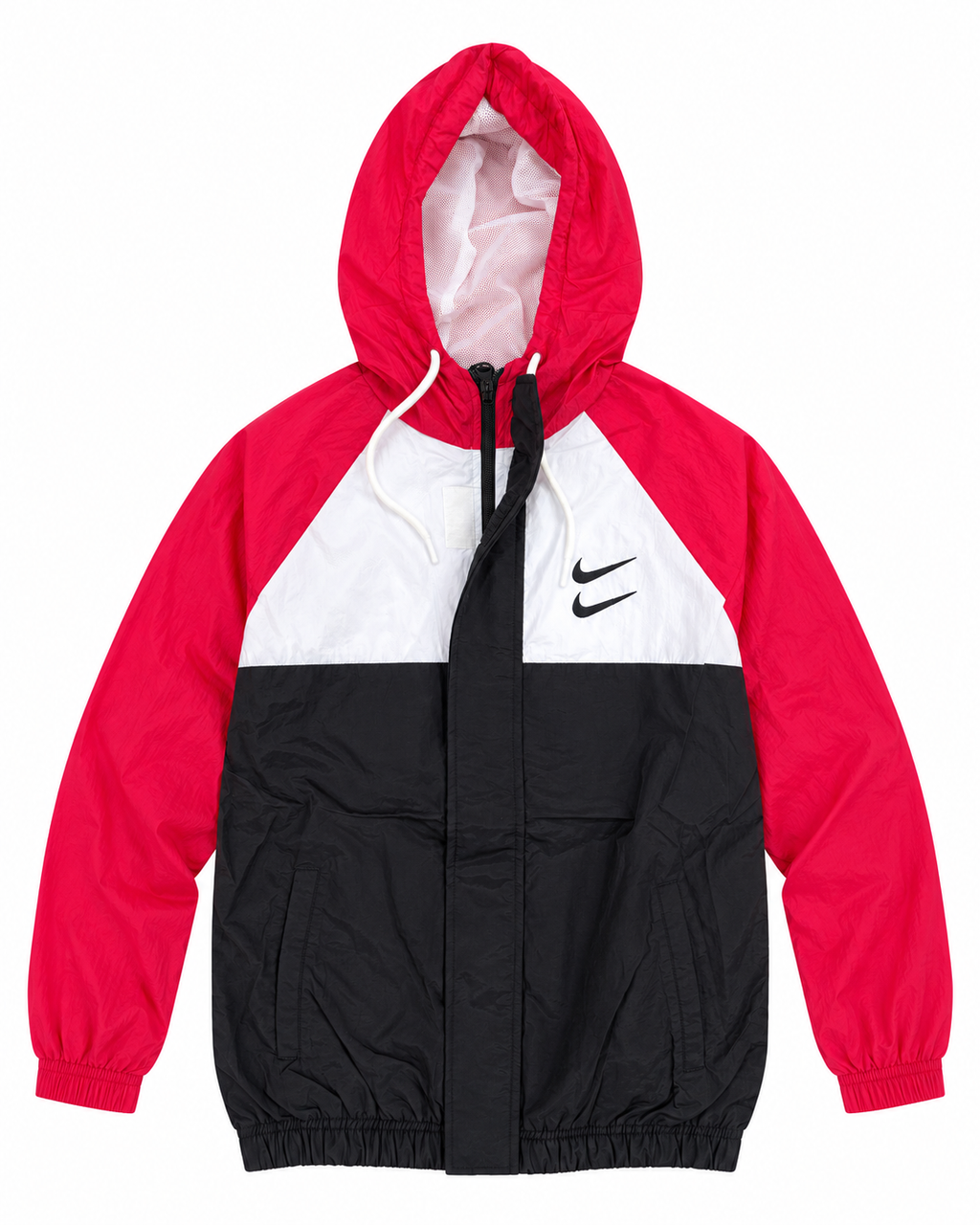 Premium Surplus Red, White & Black Color-Block Hooded Windbreaker Jacket