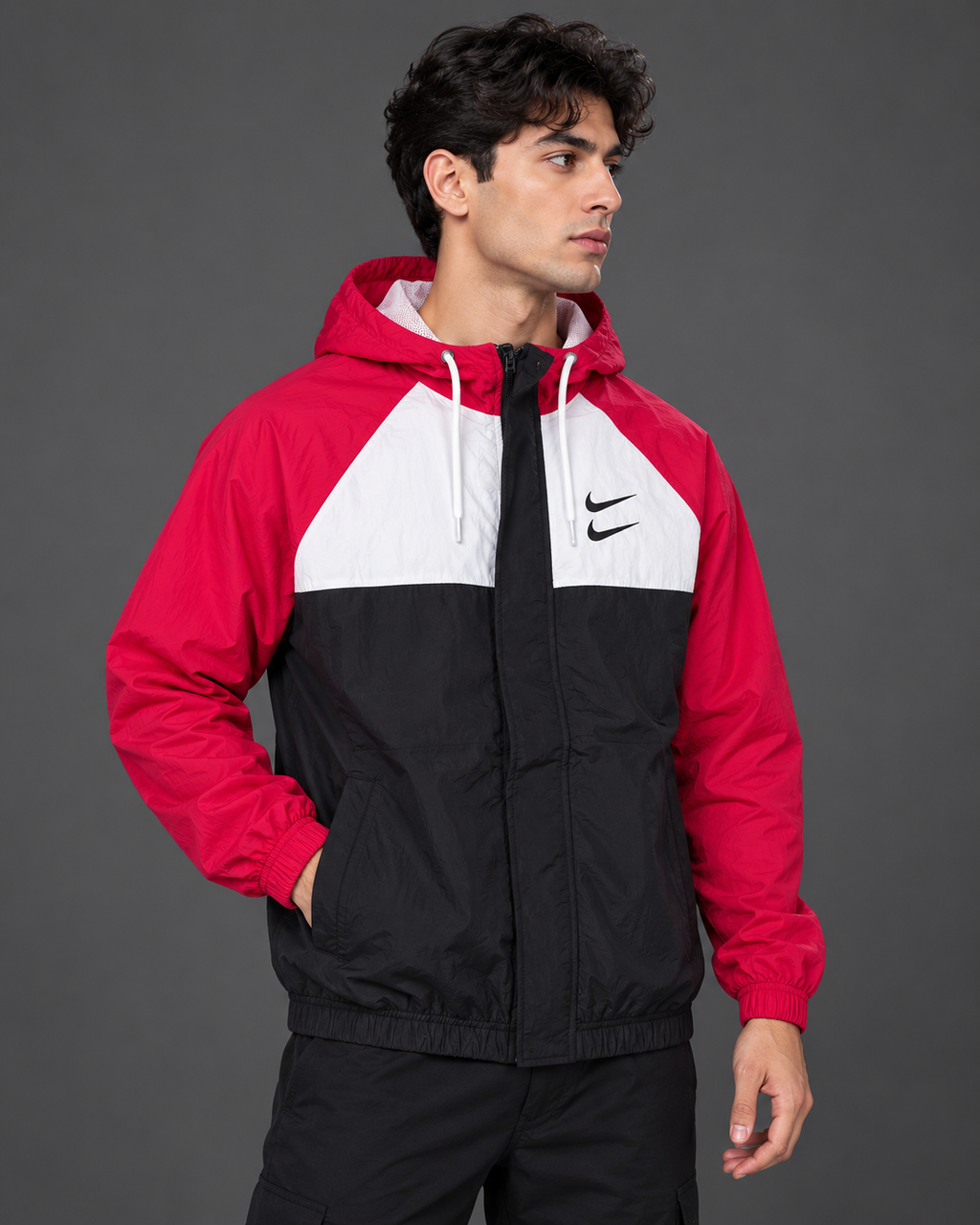 Premium Surplus Red, White & Black Color-Block Hooded Windbreaker Jacket