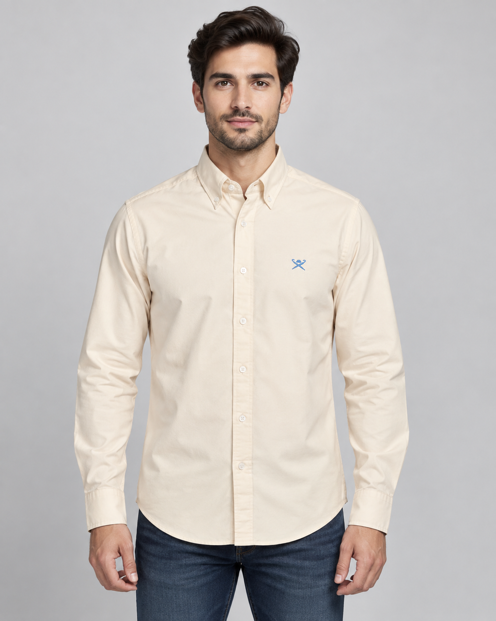 Men’s Cream Long-Sleeve Button-Down Shirt with Blue Embroidered Logo