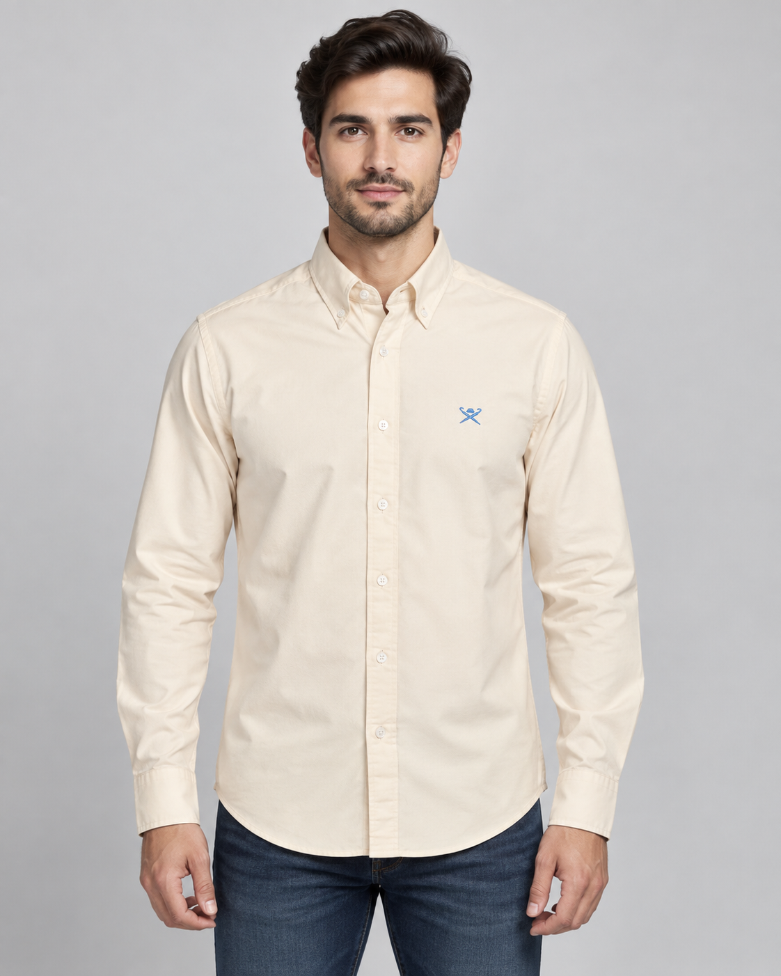 Men’s Cream Long-Sleeve Button-Down Shirt with Blue Embroidered Logo