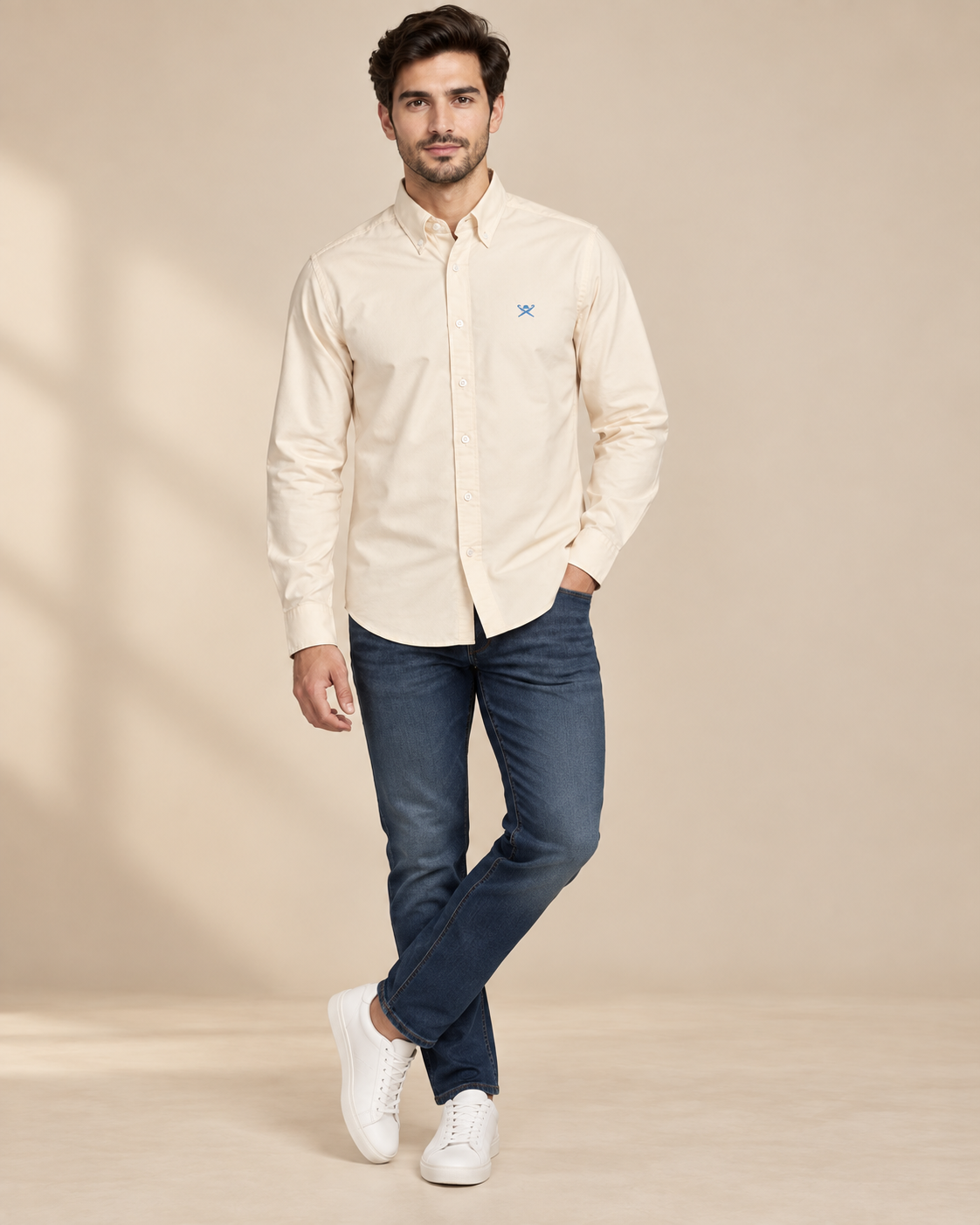 Men’s Cream Long-Sleeve Button-Down Shirt with Blue Embroidered Logo