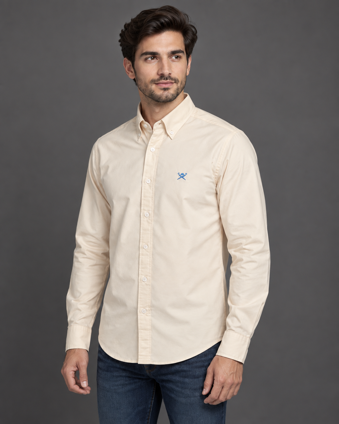 Men’s Cream Long-Sleeve Button-Down Shirt with Blue Embroidered Logo