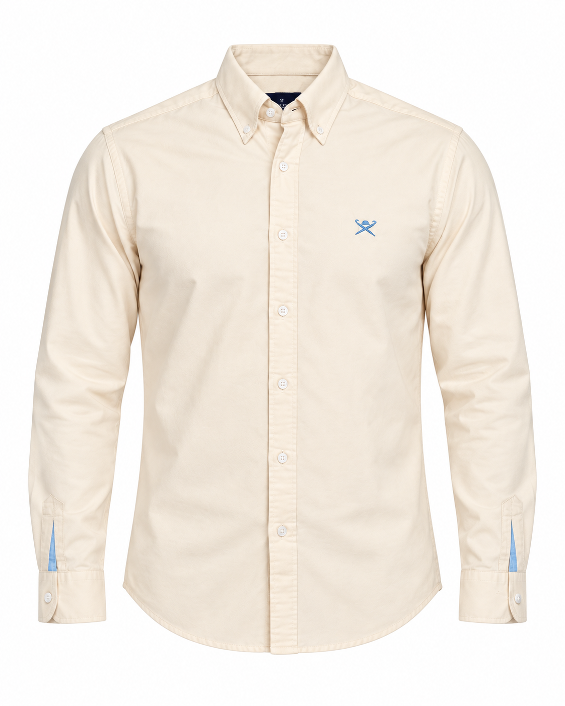 Men’s Cream Long-Sleeve Button-Down Shirt with Blue Embroidered Logo