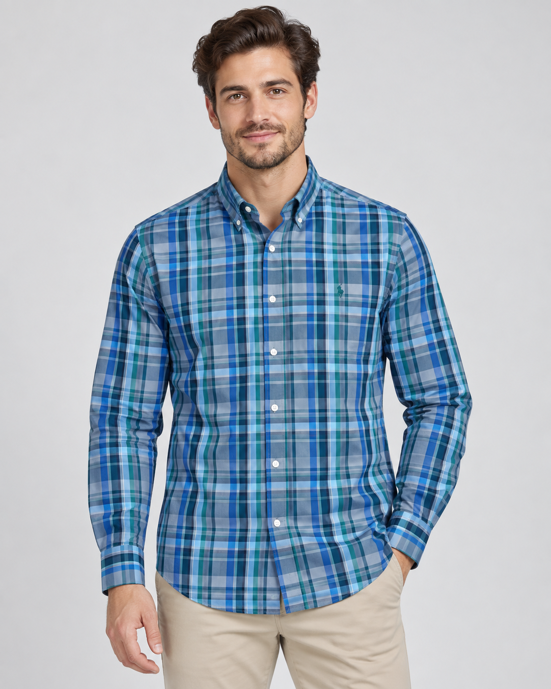 Men’s Blue & Teal Plaid Button-Down Shirt