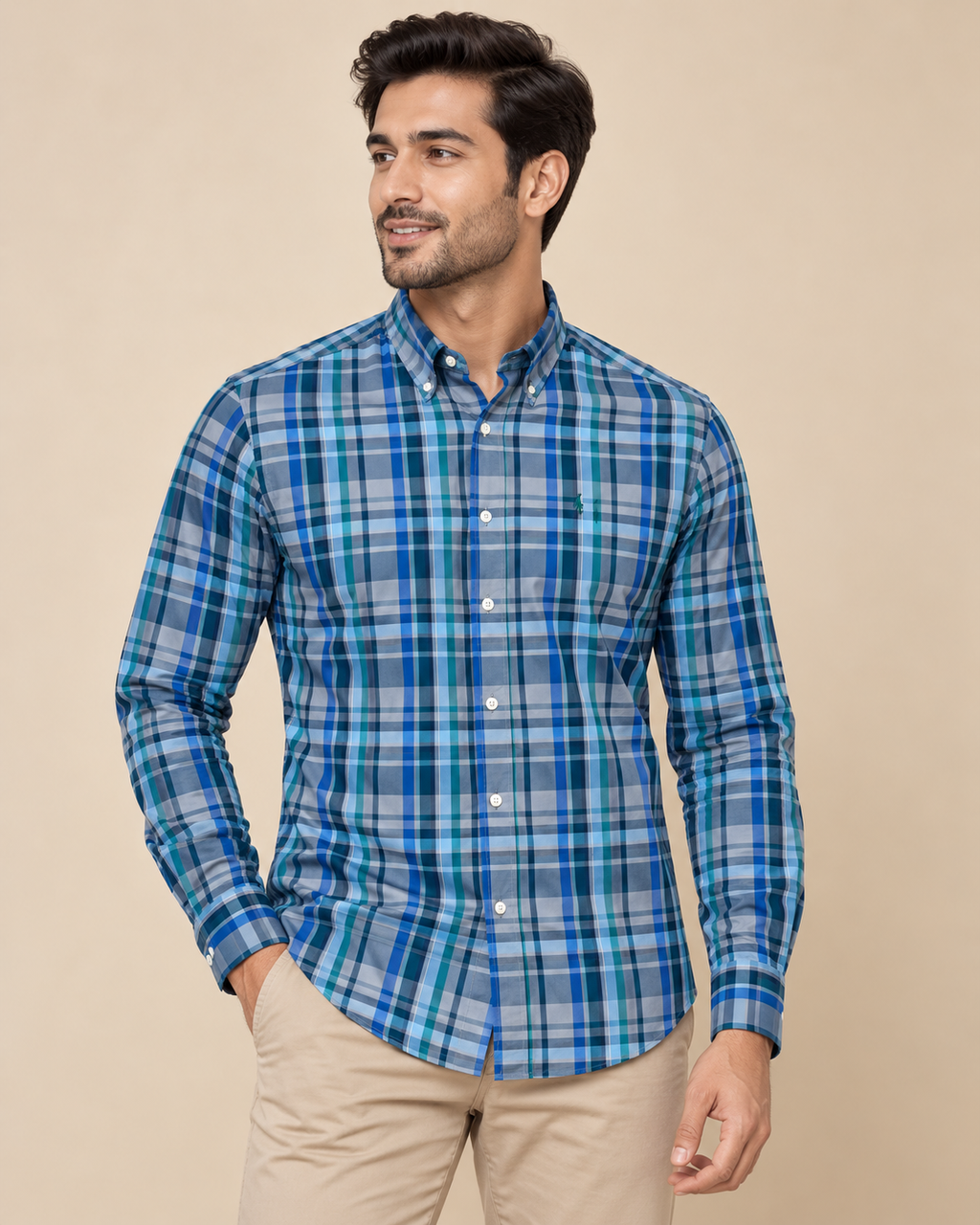 Men’s Blue & Teal Plaid Button-Down Shirt